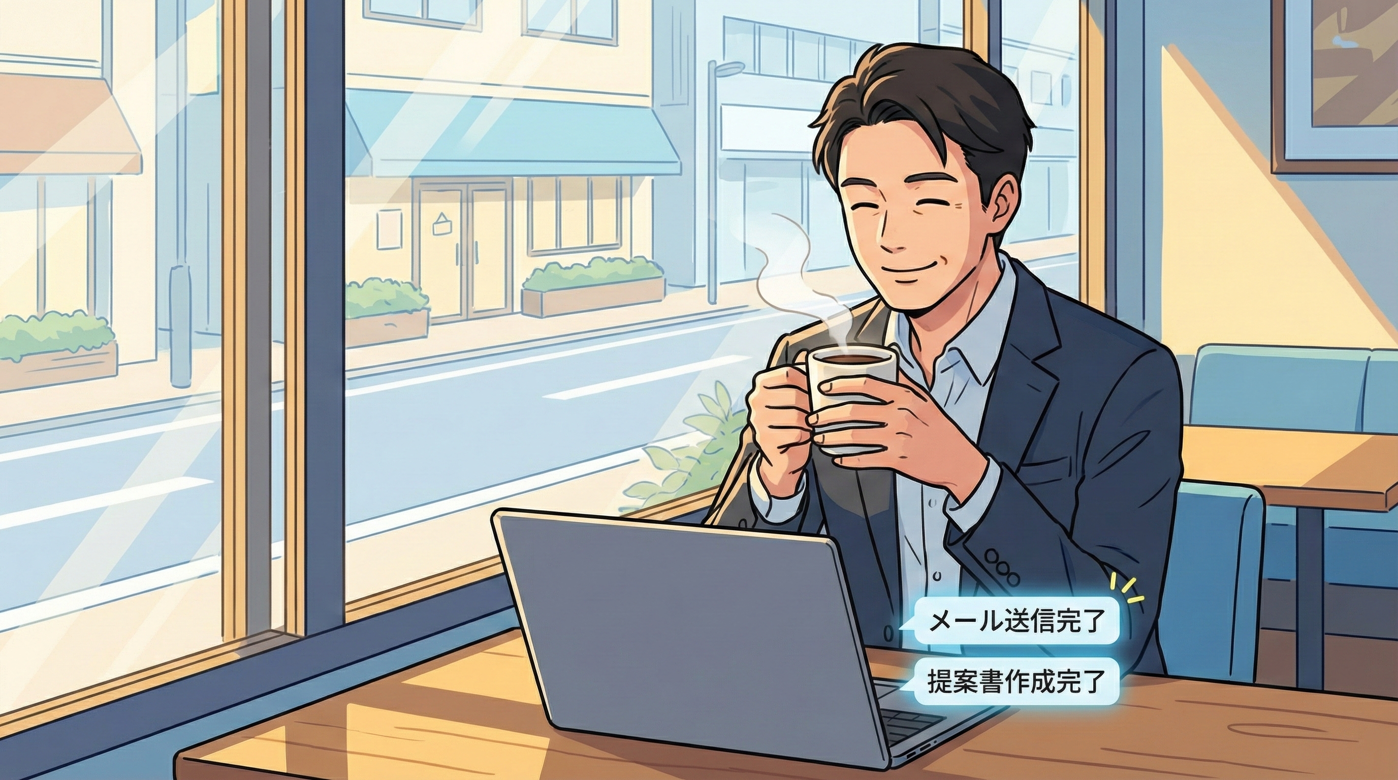 AIエージェントが業務を自動化し、経営者がリラックスしている様子