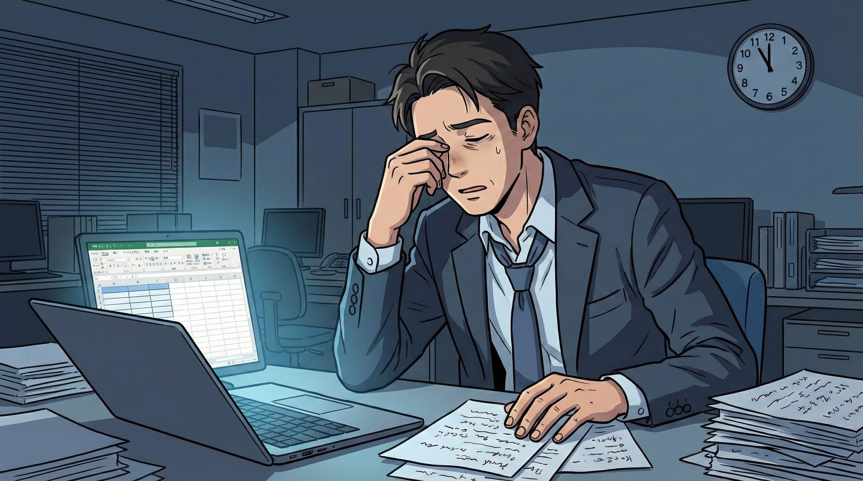 深夜のオフィスで事務作業に追われる経営者