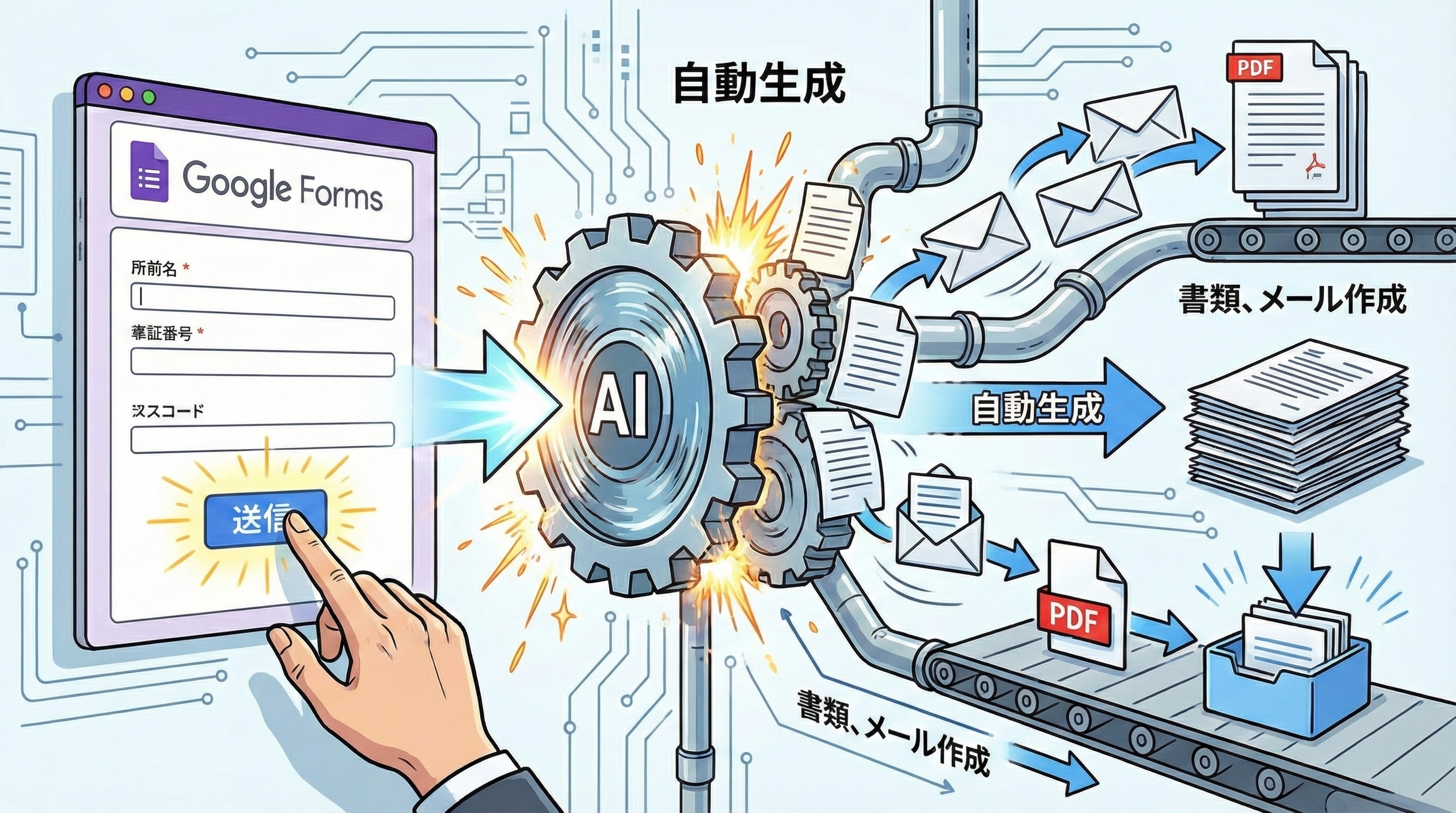 AIエージェントが複数の業務を同時に自動処理するイメージ