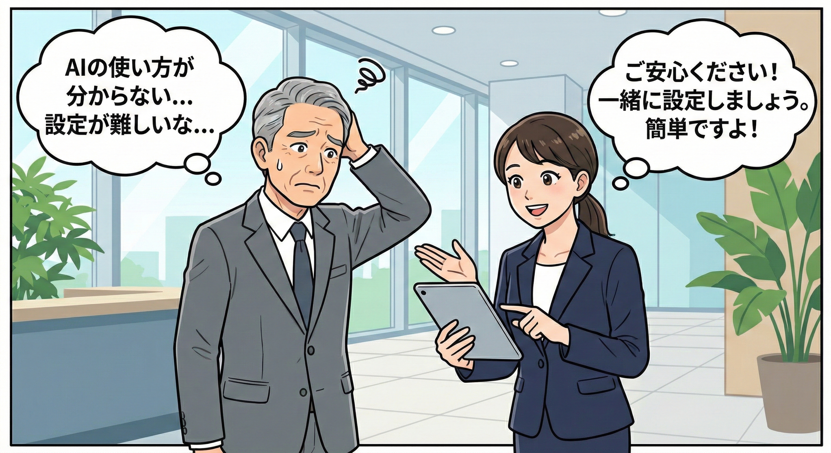 AIエージェントの導入をサポートするスタッフのイラスト