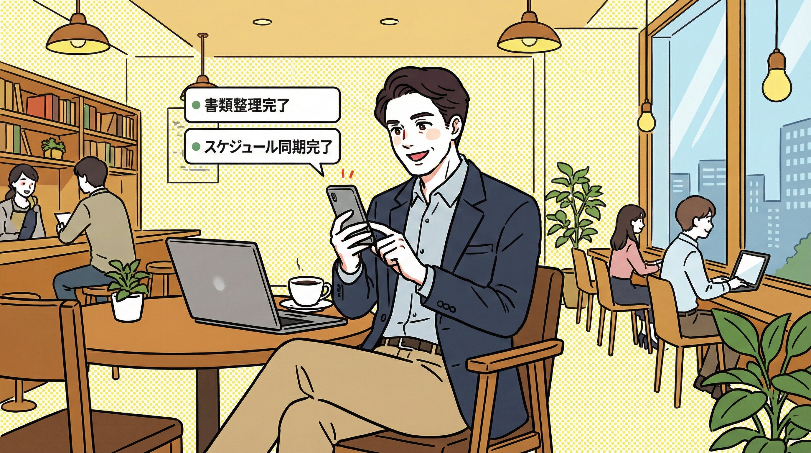 カフェでノートPCを閉じ、スマホだけで業務を確認しながらリラックスしている30〜40代の経営者