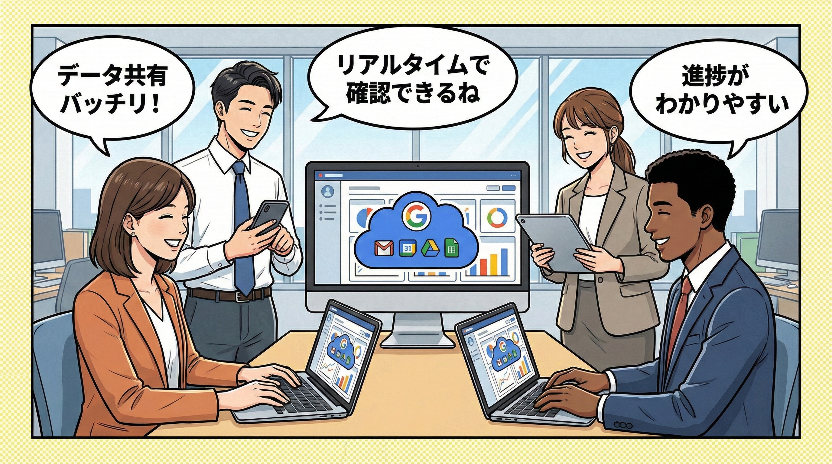 整理されたオフィスで笑顔で打ち合わせをするチーム