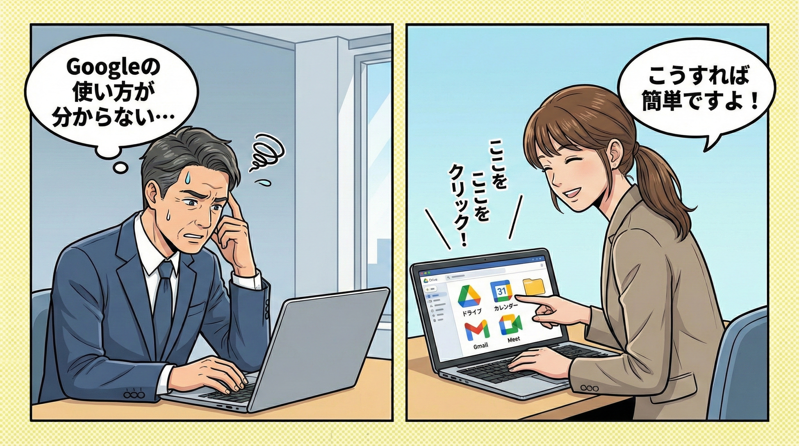 丁寧に操作を教えているスタッフのイラスト