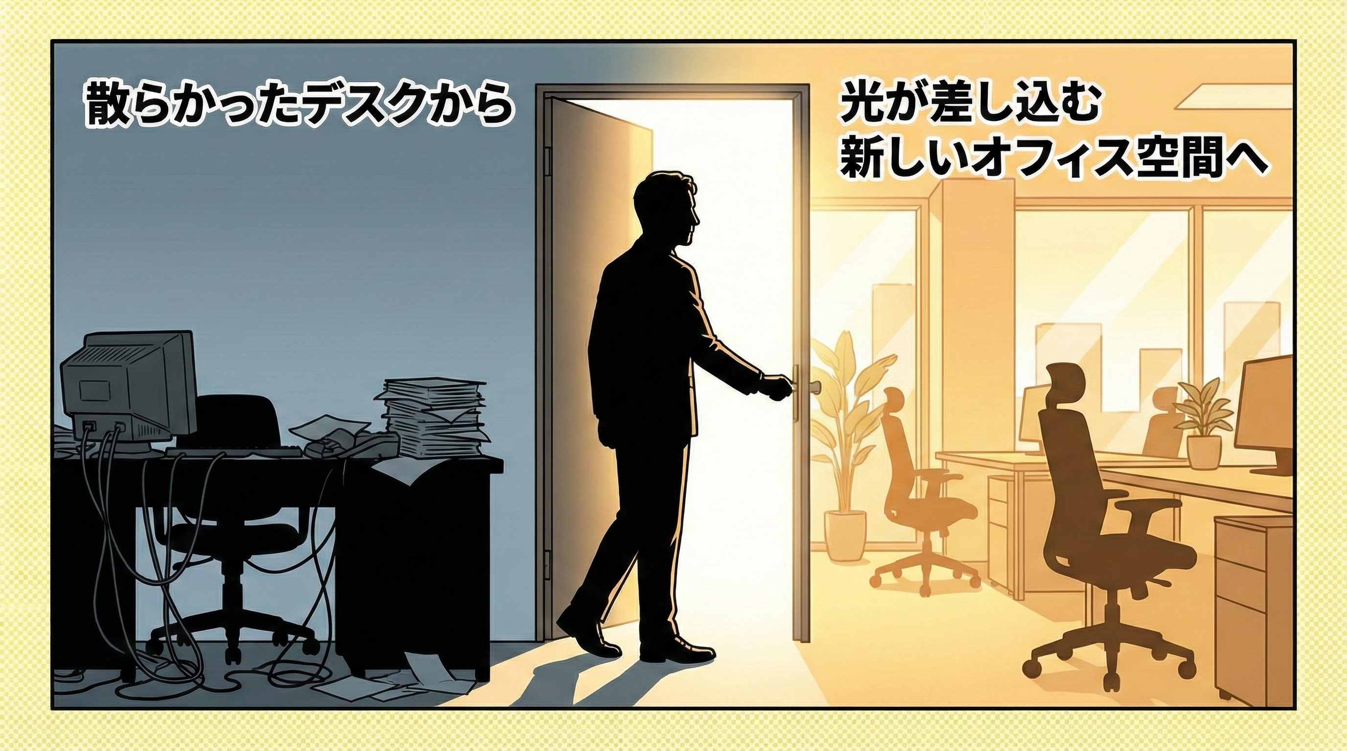 整理された新しいオフィスへの扉を開けようとしている経営者のシルエット