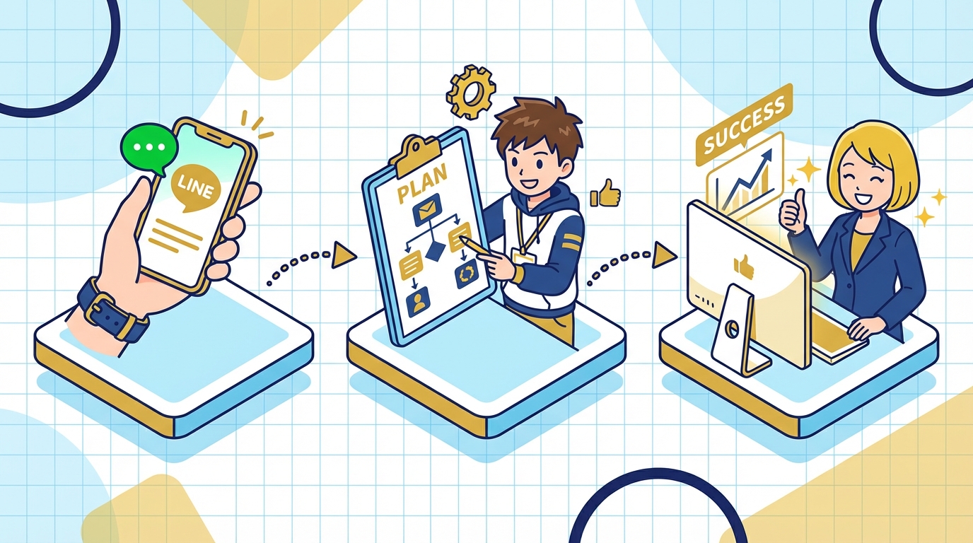 業務改善の3ステップ：LINE相談、診断、仕組み化