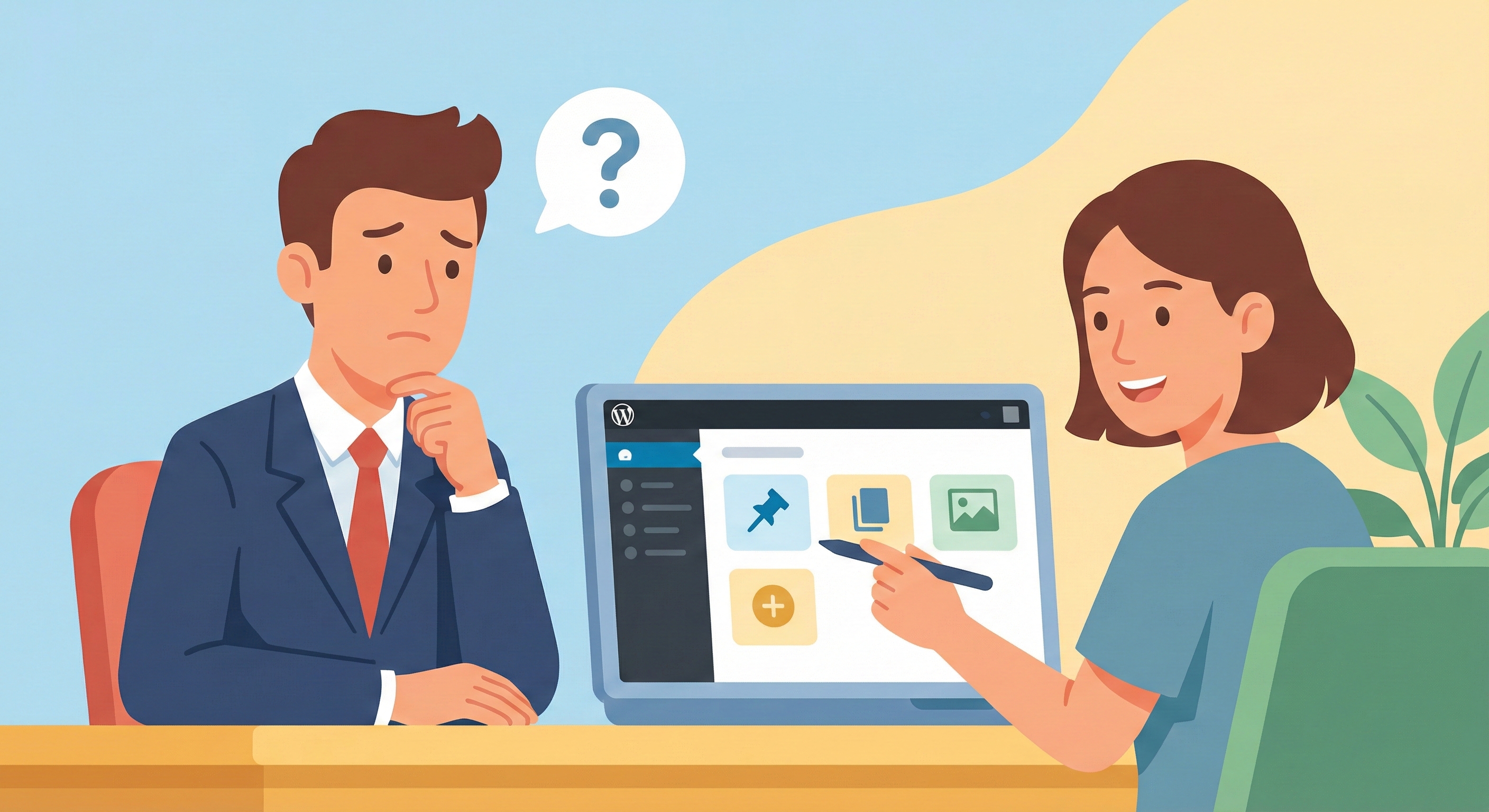 WordPress管理画面を丁寧に教えるスタッフ
