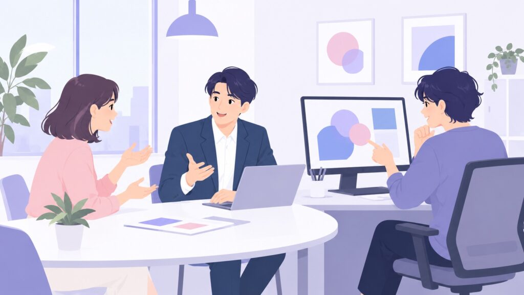 間に入る会社の担当者がお客様と制作者の間で相談している場面