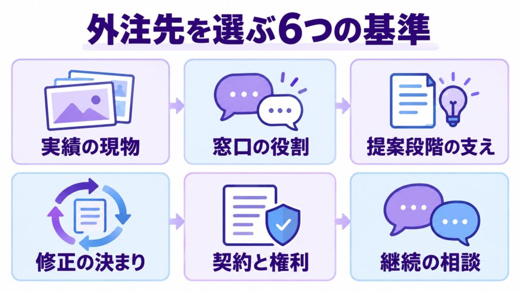 外注先を選ぶ6つの基準を並べた図