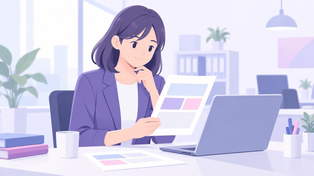 担当者が見積書とパソコン画面を見比べている場面