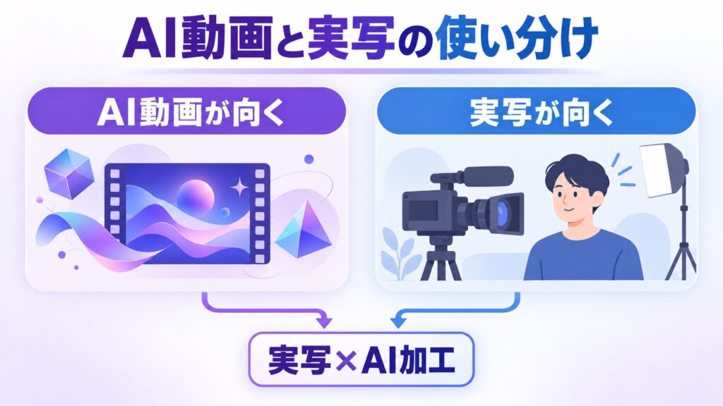 AI動画が向く案件と実写が向く案件を比べた図