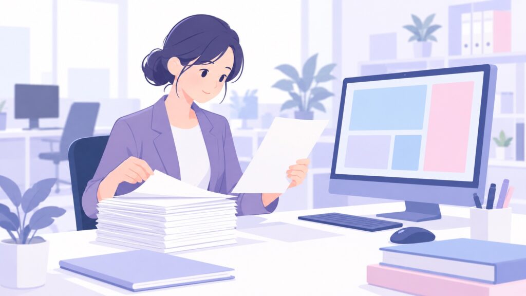 事務所で担当者が手書きの書類とパソコンの画面を見比べている場面