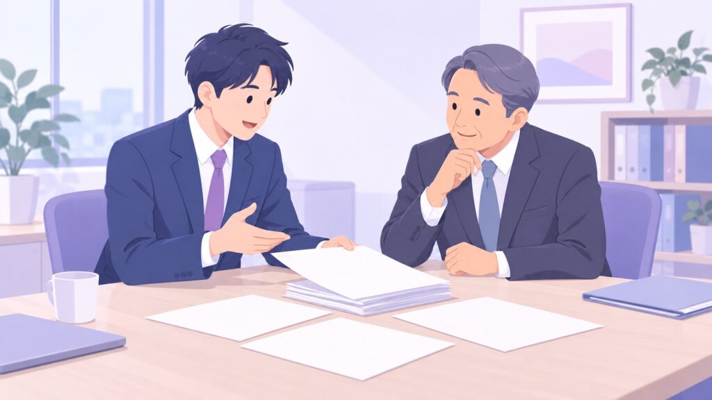 事務所で担当者と社長が書類を見ながら相談している場面