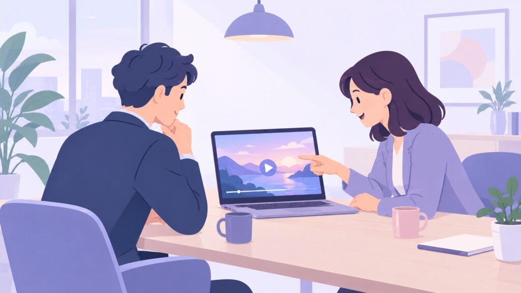 依頼する人と制作する人が、パソコンの動画を見ながら修正点を相談している場面