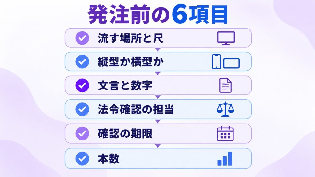 動画広告を発注する前に決めておく6項目をチェックリストにした図