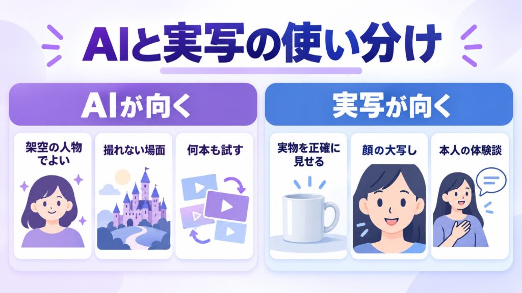 動画広告でAIが向くケースと実写が向くケースを左右に並べた比較図
