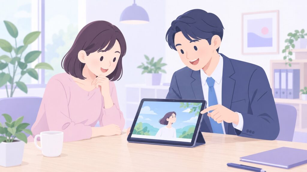 会社の担当者と制作者が、タブレットで動画のサンプルを見ながら相談している場面