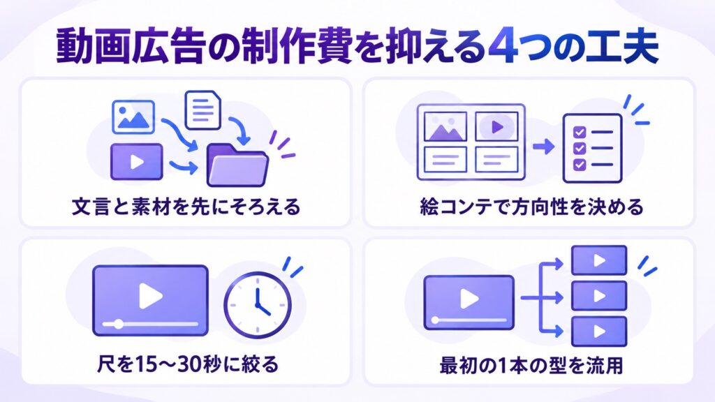 動画広告の制作費を抑える4つの工夫として、「文言と素材を先にそろえる」「絵コンテで方向性を決める」「尺を15〜30秒に絞る」「最初の1本の型を流用」を示した図