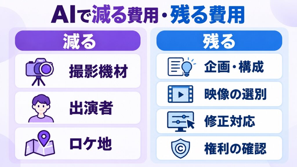 AIで動画を作ると撮影まわりの費用は減り、企画や確認の人の工程は残ることを示す比較図