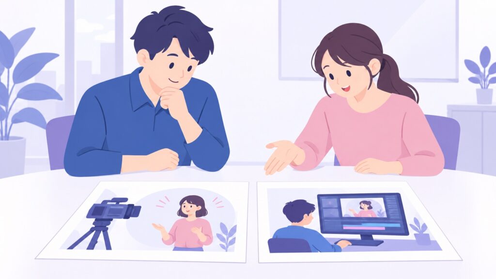 会議室で担当者が実写とAIの2つの進め方を見比べて相談している様子