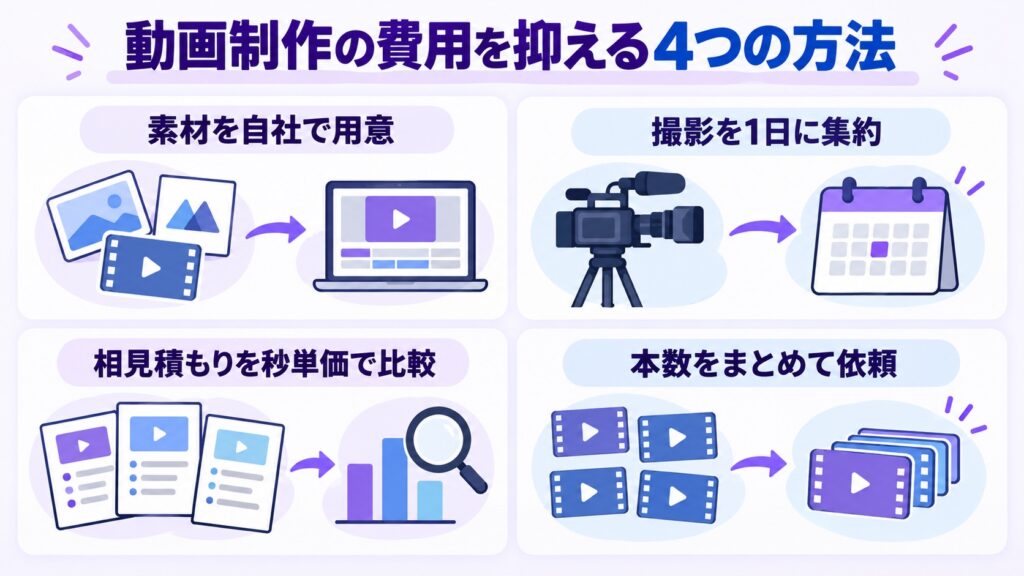 動画制作の費用を抑える4つの方法として、「素材を自社で用意」「撮影を1日に集約」「相見積もりを秒単価で比較」「本数をまとめて依頼」を示した図