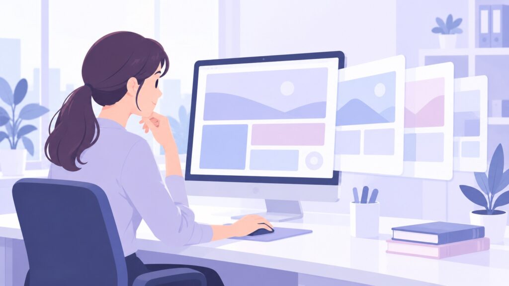 パソコンで公式サイトのページを確認する担当者の場面