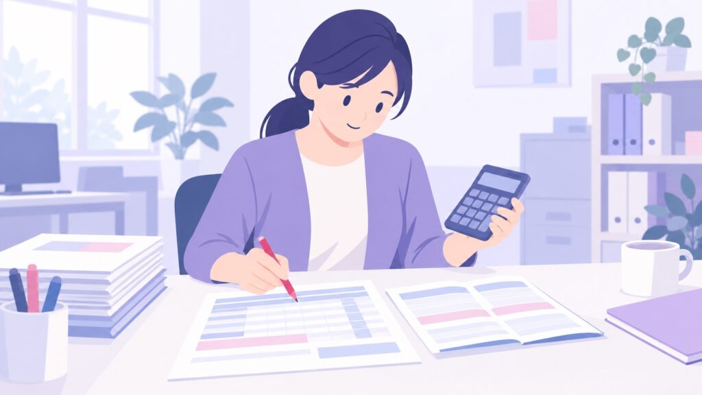 電卓と元資料で月次資料を検算する職員の場面