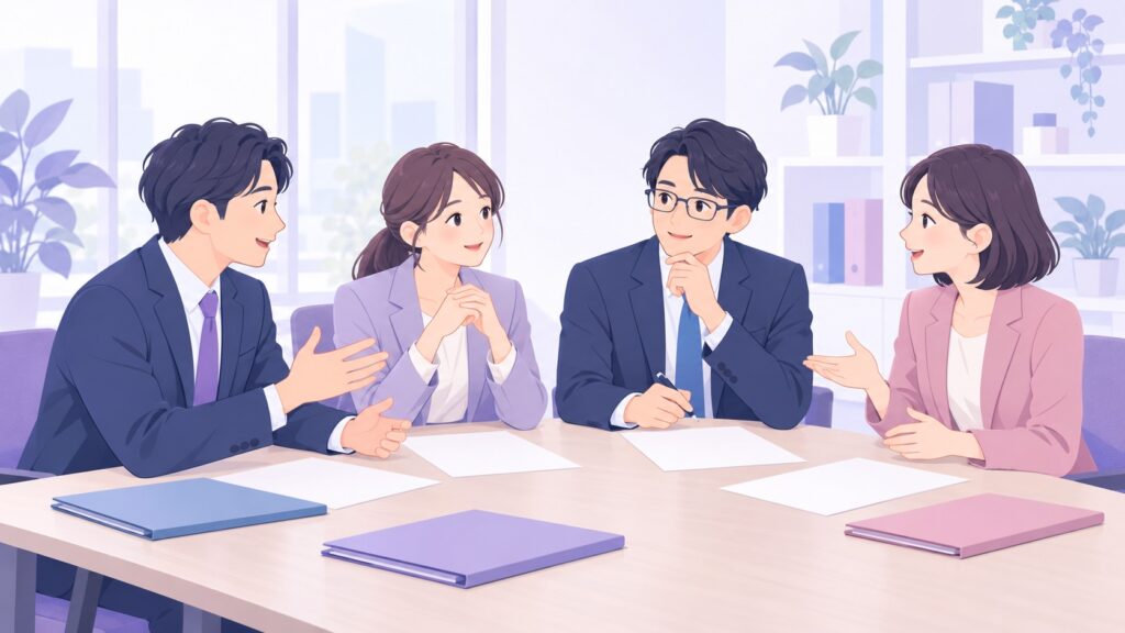 4つの士業の担当者が事務所で相談している場面