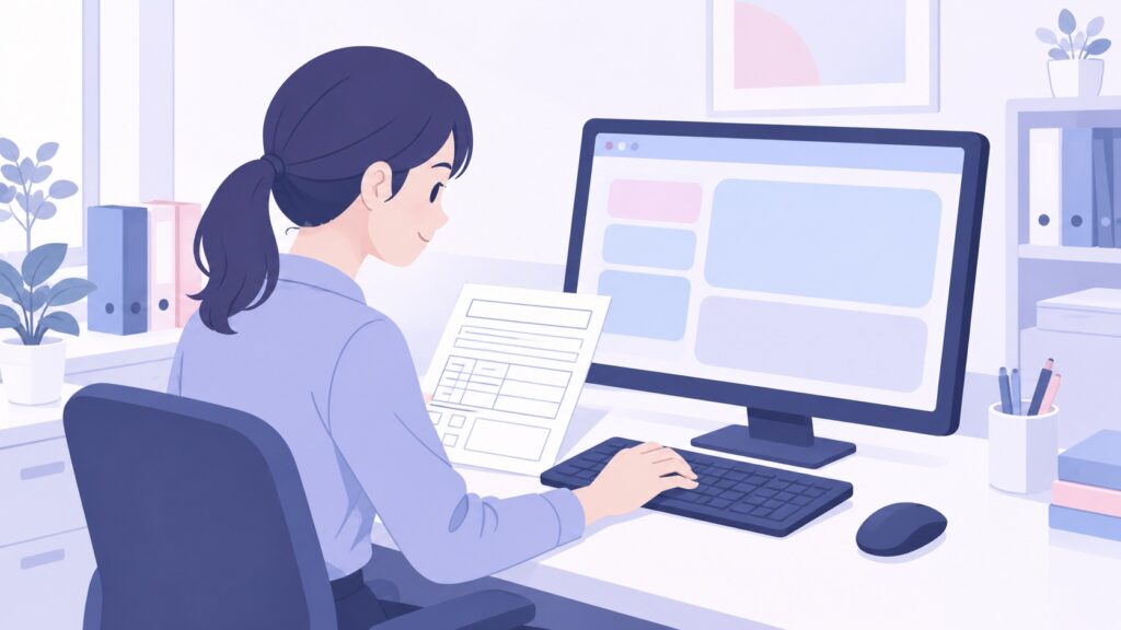 事務所の様式を見ながらAIへの指示文を書く職員の場面