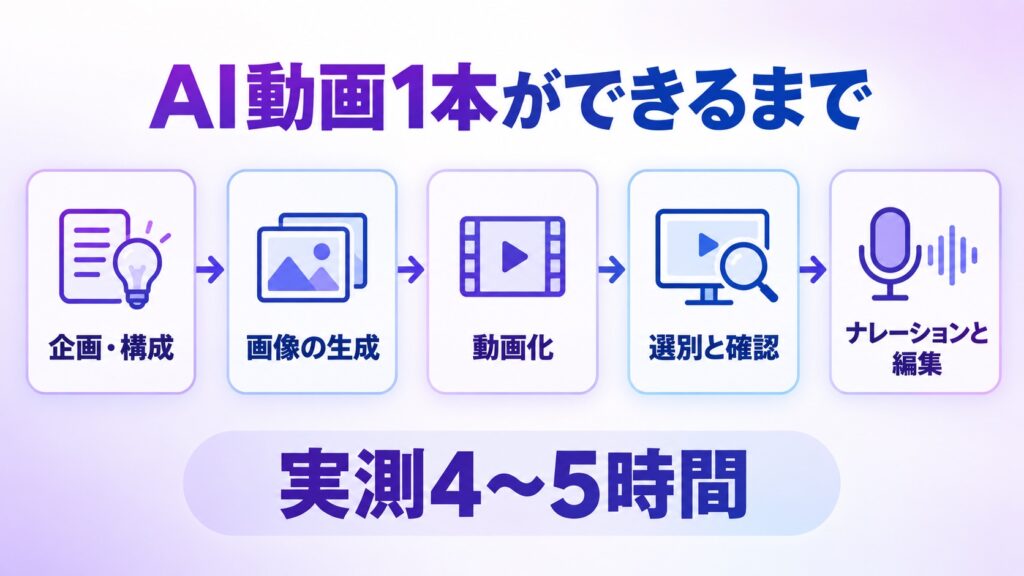 AI動画のショート1本が、企画から編集まで5つの工程で作られ、実測で4〜5時間かかることを示す手順図