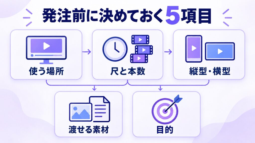 発注前に決めておくべき5項目（使う場所、尺と本数、縦型・横型、渡せる素材、目的）を示した図
